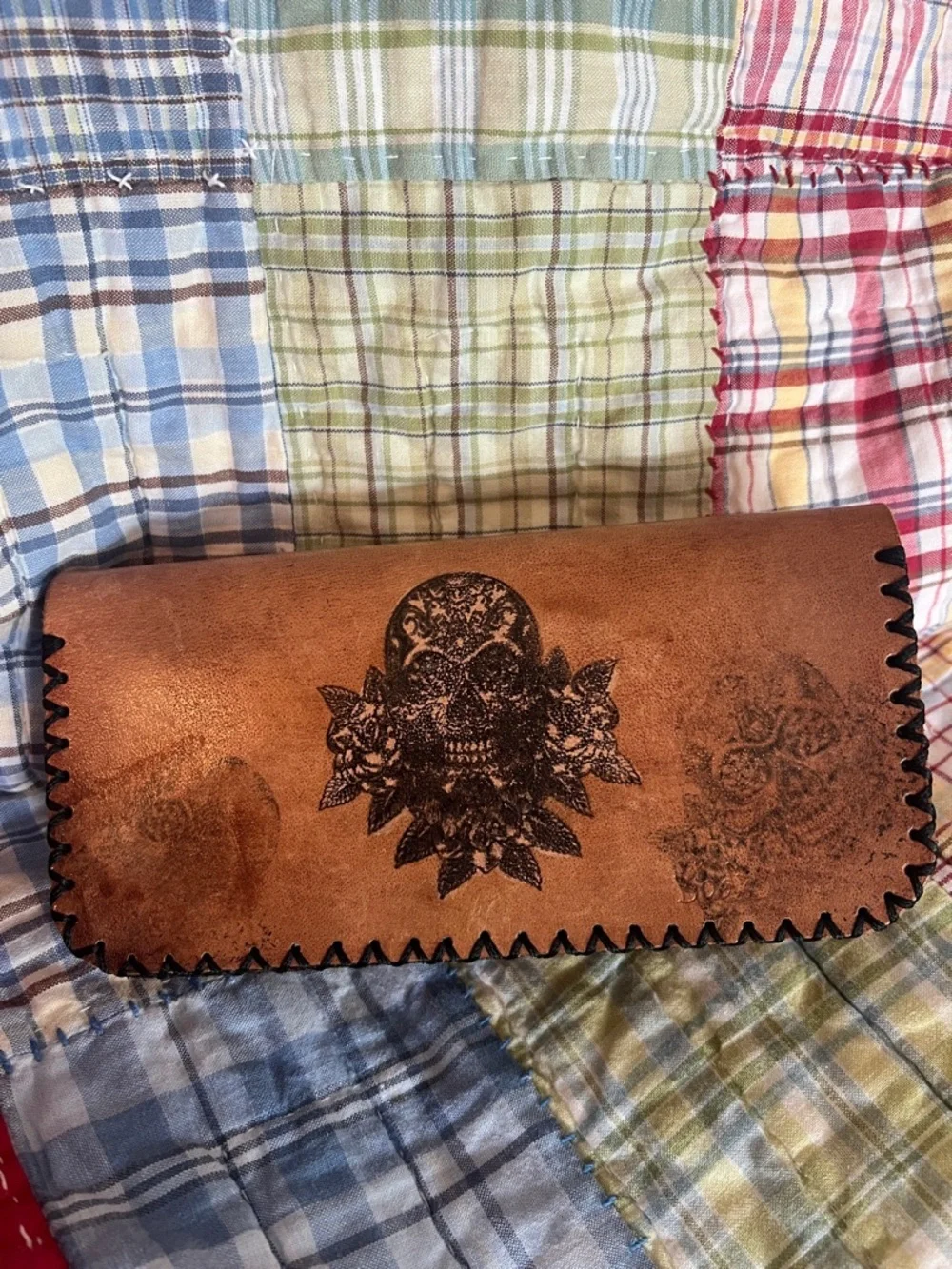 By Bodzi Handcrafted Brown Leather Clutch Wallet Owl Skull Rose